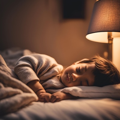 A child asleep in a bed with dimmed lamp