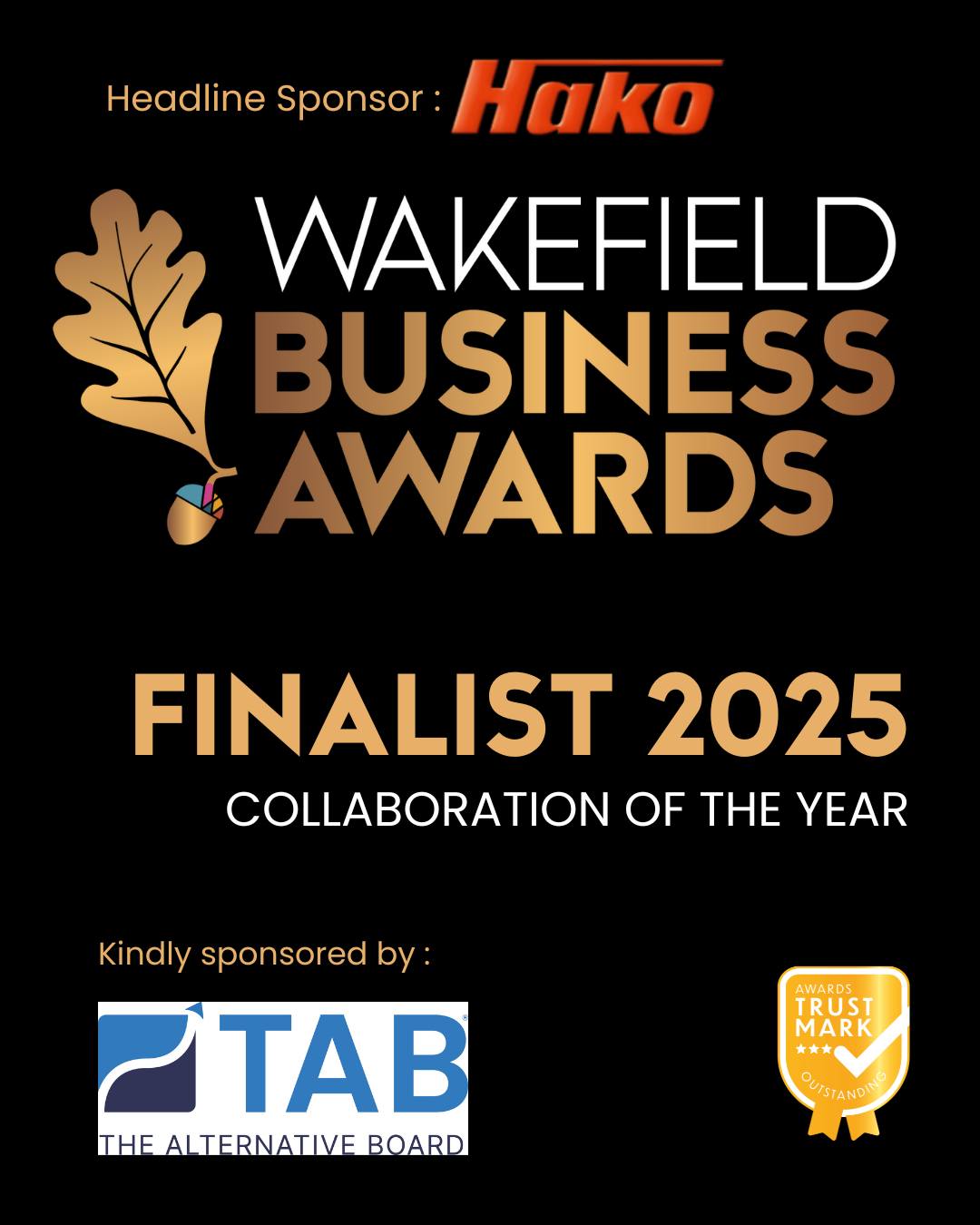 A graphical badge from the Wakefield Business Awards showing Finalist for Collaboration of the Year award